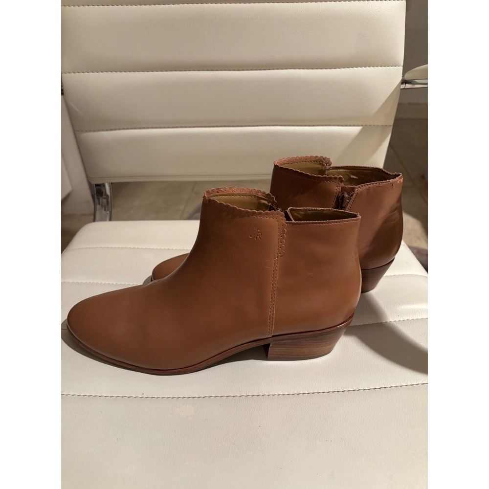 Jack Rogers Women‎ Cognac Leather Scalloped Ankle Boots Block Heel Brown Booties